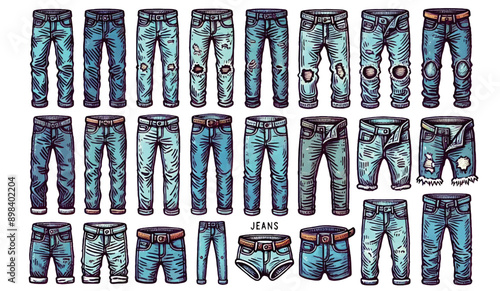 Various Styles of Jeans Including Distressed and Ripped Denim