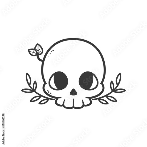 Cartoon Skull with Sprigs of Leaves