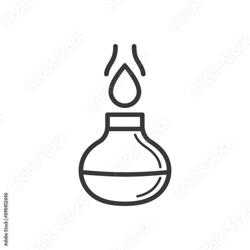 Line art illustration of a round bottle with a single drop of liquid rising above it