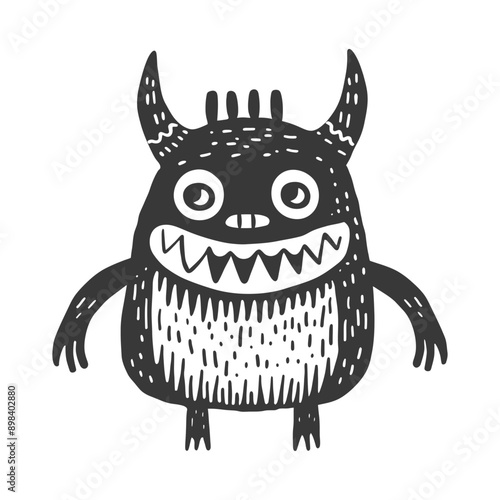 Hand drawn black and white illustration of a cartoon monster with a toothy grin