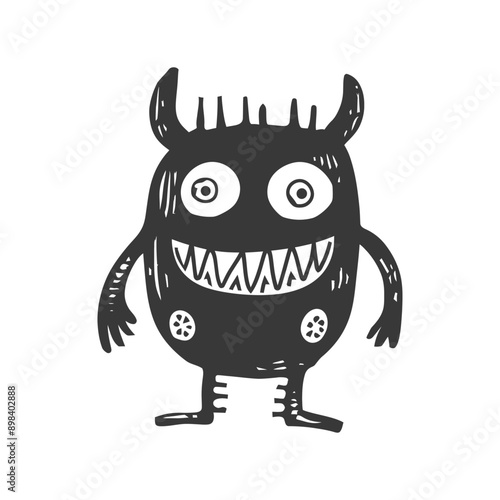 A black and white cartoon monster with a toothy grin