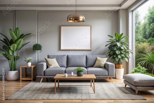 Spacious modern living room with sleek gray sofa, minimalist coffee table, and large horizontal frame on walls, surrounded by plants and natural light.