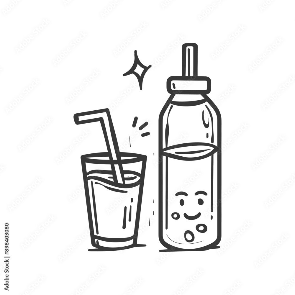Hand Drawn Illustration of a Glass and Bottle of Water with a Smiling Face Hand Drawn Illustration of a Glass and Bottle of Water with a Smiling Face