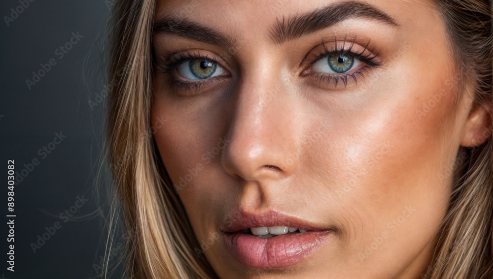 A close-up portrait of a young woman's face. She has blonde hair that is styled in loose waves and falls over her shoulders. A close-up portrait of a young woman's face. She has blonde hair that is styled in loose waves and falls over her shoulders.
