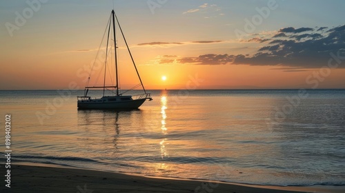 Silhouette of a sailboat at sunrise with golden light reflecting on the water. © MAGNIFIER