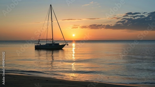 Silhouette of a sailboat at sunrise with golden light reflecting on the water.