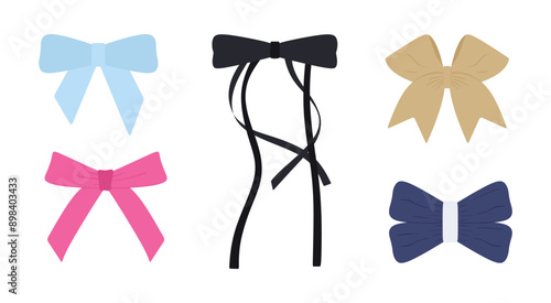 Set of bows, elegant ribbons and ties isolated. Trendy various ribbon bow collection in different colors. Wedding celebration and birthday party decorations in cartoon style. Flat vector illustration 