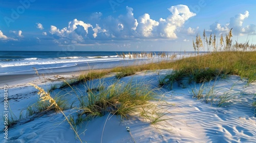 Fototapeta Naklejka Na Ścianę i Meble -  Tranquil beach scene with white sand dunes and lush grass under a blue sky with fluffy clouds.