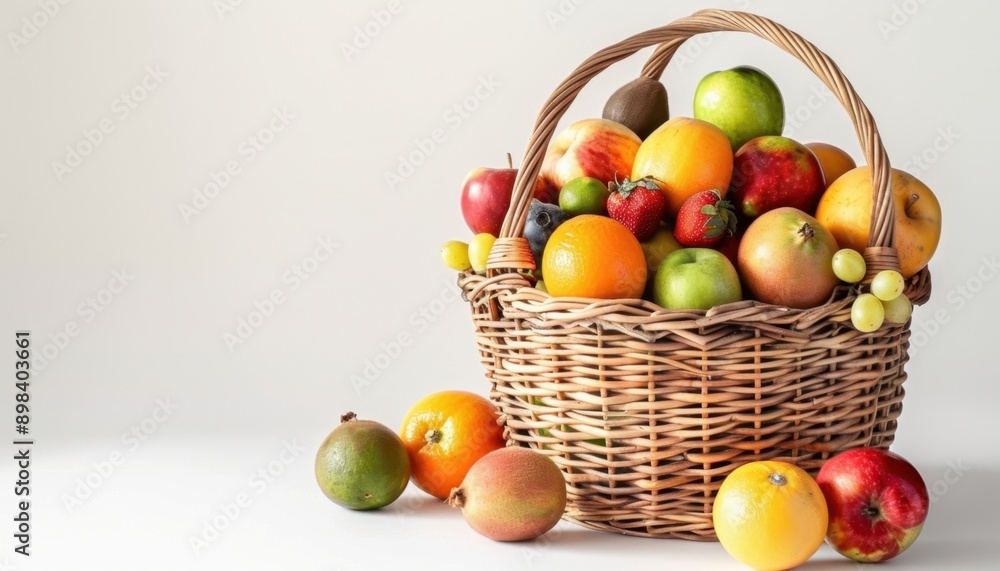 Wicker Basket Full of Fresh Fruit on a White Table Wicker Basket Full of Fresh Fruit on a White Table