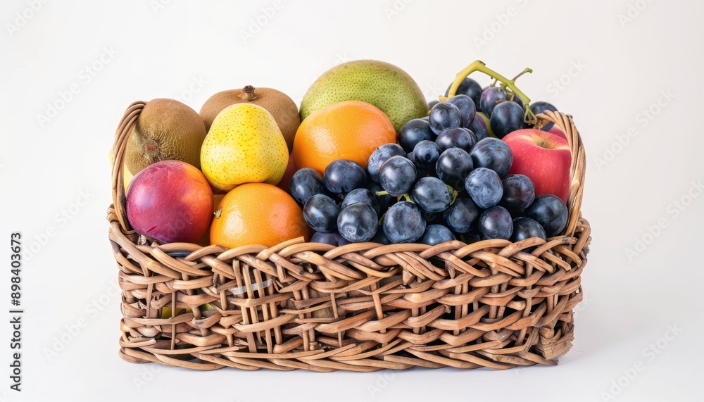 Wicker Basket Filled With Fresh Fruit and Grapes Wicker Basket Filled With Fresh Fruit and Grapes