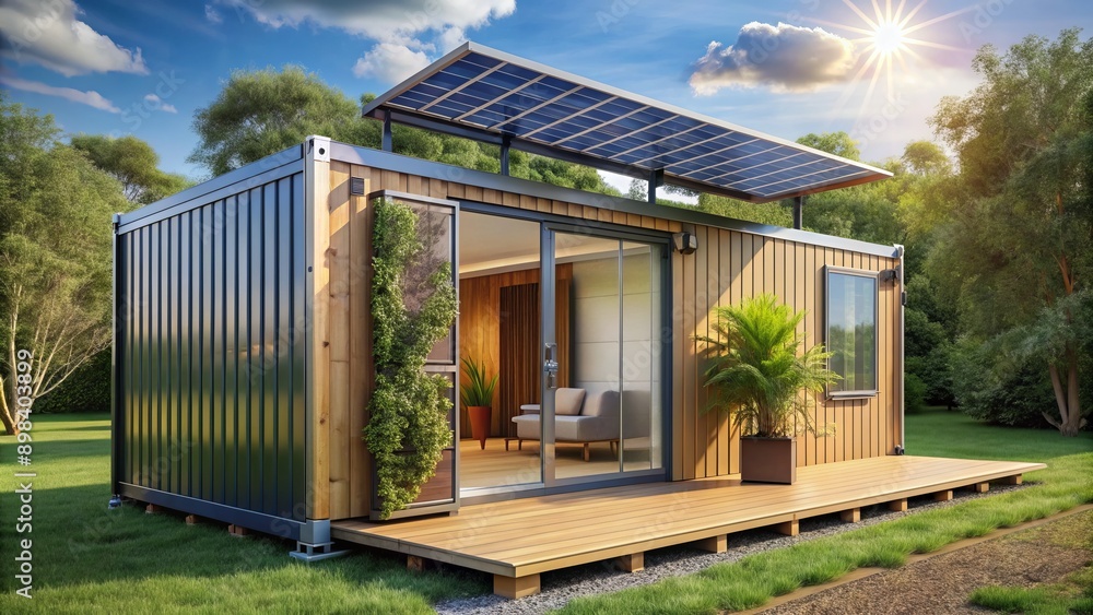 Obraz premium shipping container turned into a solar-powered small home. AI Generate
