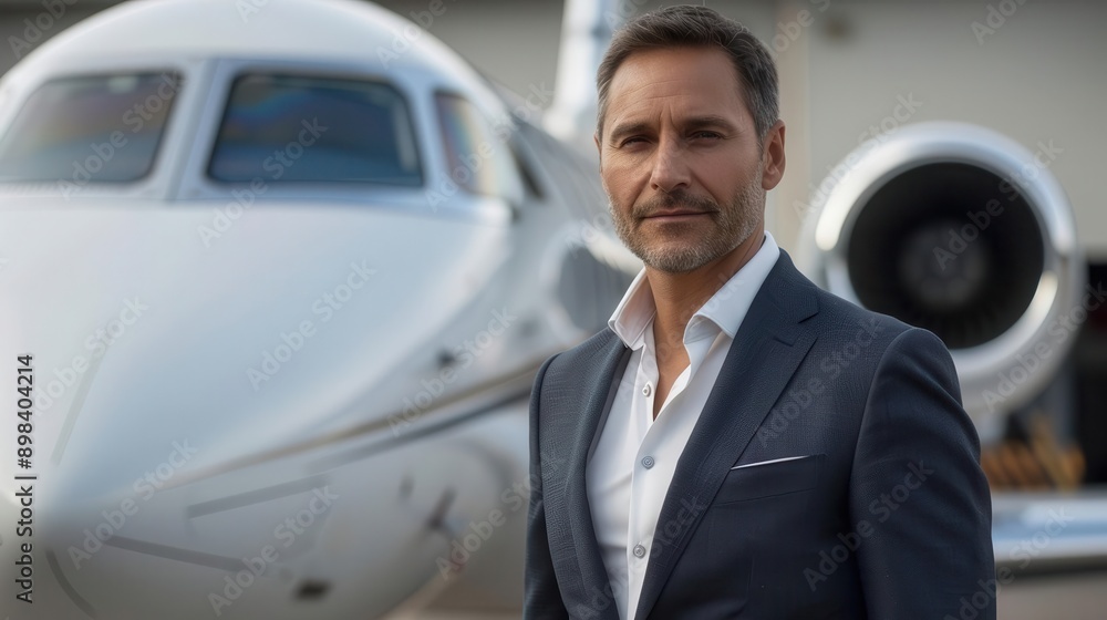 confident businessman in a tailored suit standing beside a sleek private jet embodying success luxury and the jetsetting lifestyle of the global elite confident businessman in a tailored suit standing beside a sleek private jet embodying success luxury and the jetsetting lifestyle of the global elite