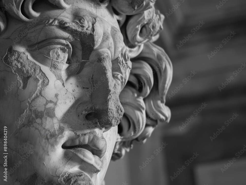 Monochrome image of an ancient Greek marble statue head, showcasing the craftsmanship and historical significance of classical art. Monochrome image of an ancient Greek marble statue head, showcasing the craftsmanship and historical significance of classical art.