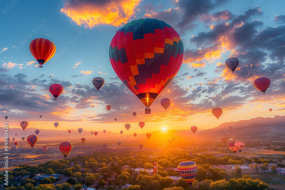 Naklejka premium A myriad of vibrant hot air balloons ascend into the crisp September sky creating a stunning contrast against the Albuquerque International Balloon Fiestas radiant sunrise