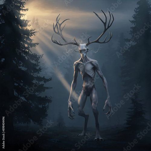 A surreal depiction of a mystical Windigo forest deity with deer antlers, emerging in a foggy forest at dawn. Perfect for fantasy art enthusiasts, book covers, or spiritual artwork collections. photo