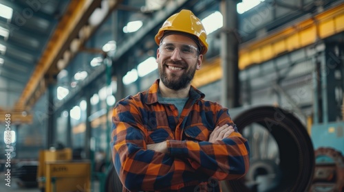 A smiling construction worker with his arms crossed in a factory.