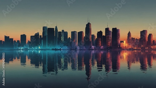 Gradient city skyline with a reflection in water. 