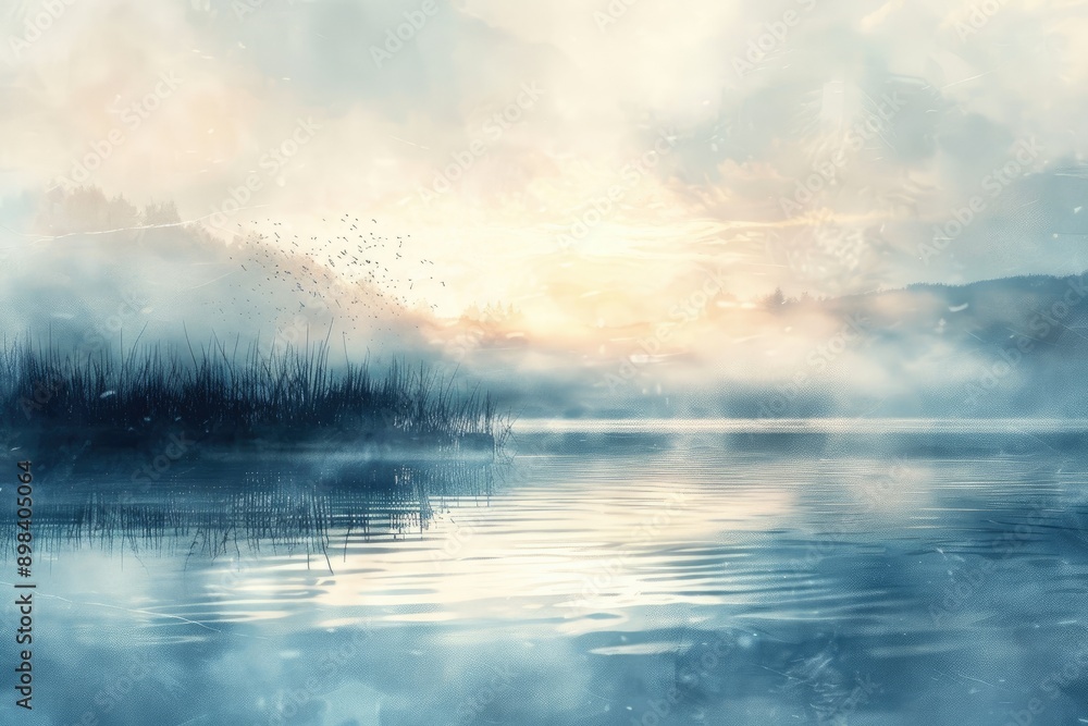 Fototapeta premium Soft, diffused washes creating a sense of calm and tranquility, Serene river with misty atmosphere and lush trees along the banks, AI generated