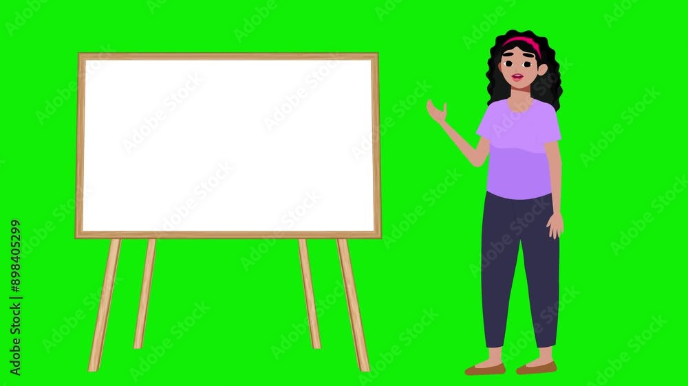 2d animation, cartoon, character stands, empty flip chart board, presentation, white board, woman, girl, green screen background, 4k 2d animation, cartoon, character stands, empty flip chart board, presentation, white board, woman, girl, green screen background, 4k
