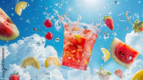 Fresh glass of watermelon juice drink in blue cloudy summer sky with water splash.