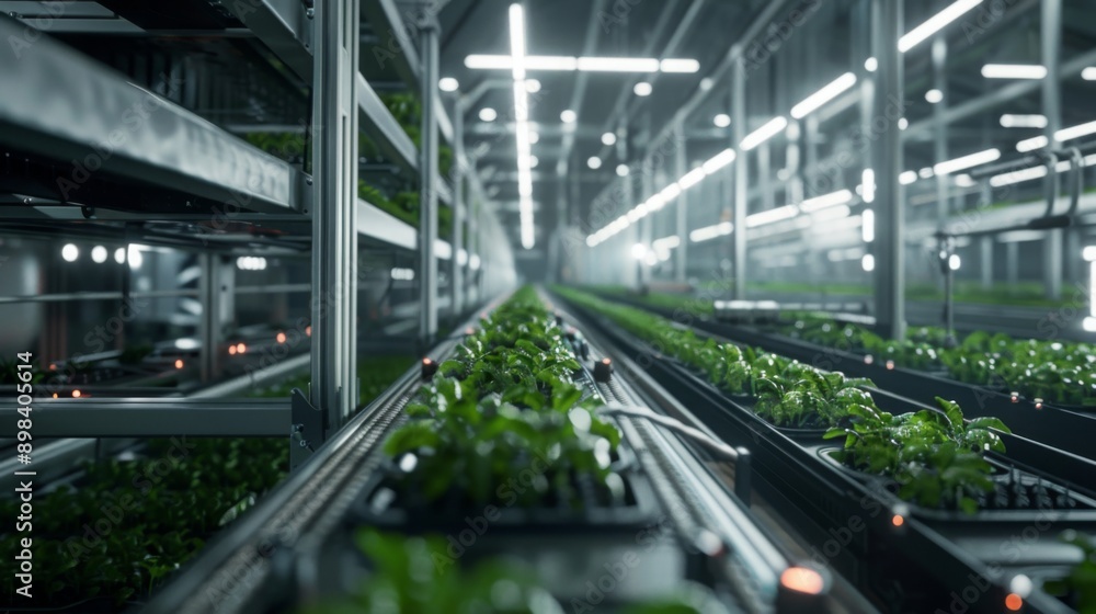 A close-up view of a conveyor belt in an indoor farm carrying rows of green vegetables under artificial lights. A close-up view of a conveyor belt in an indoor farm carrying rows of green vegetables under artificial lights.