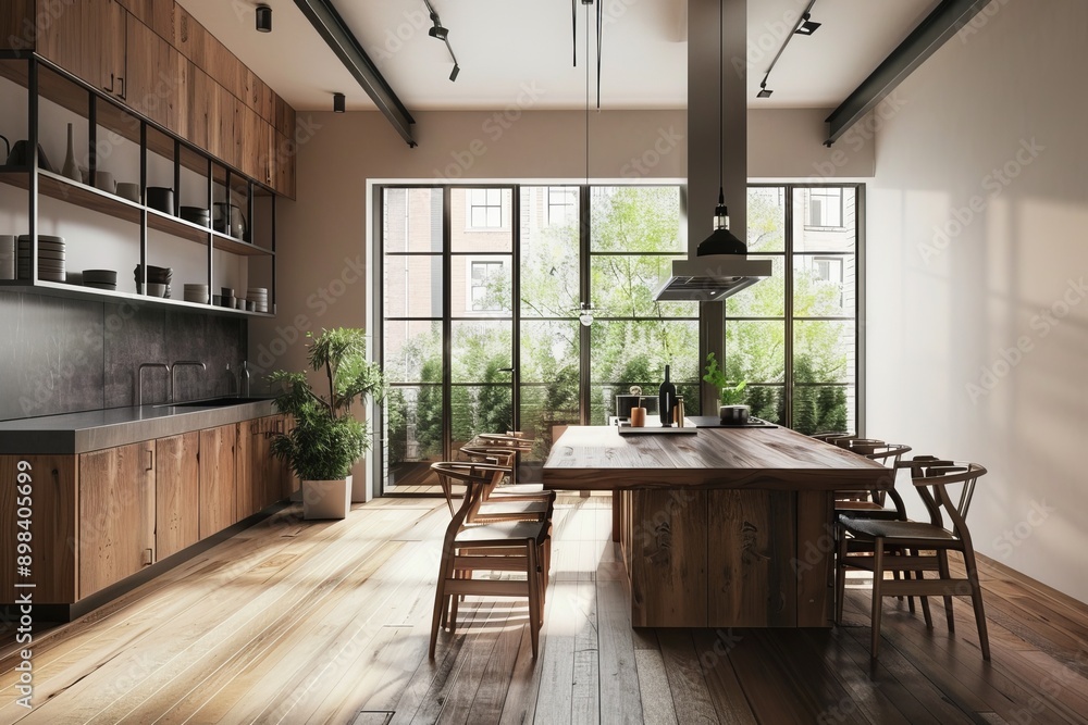 Interior of modern kitchen with brown walls, wooden floor, dark wooden countertops and wooden cupboards. Interior of modern kitchen with brown walls, wooden floor, dark wooden countertops and wooden cupboards.