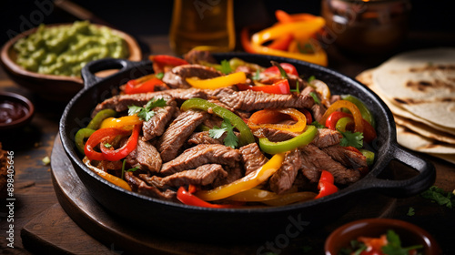 Beef Fajitas with colorful peppers in a pan