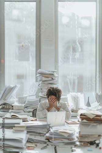 Stressed office worker covering face, surrounded by towering piles of paperwork and documents in a brightly lit office. photo