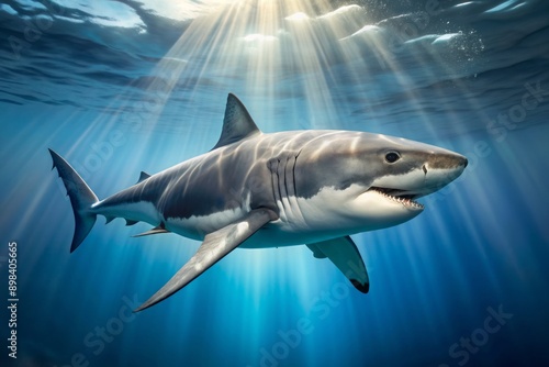 Majestic Great White Shark swims in serene ocean, its powerful tail and sharp teeth on full display against a crisp transparent background. photo