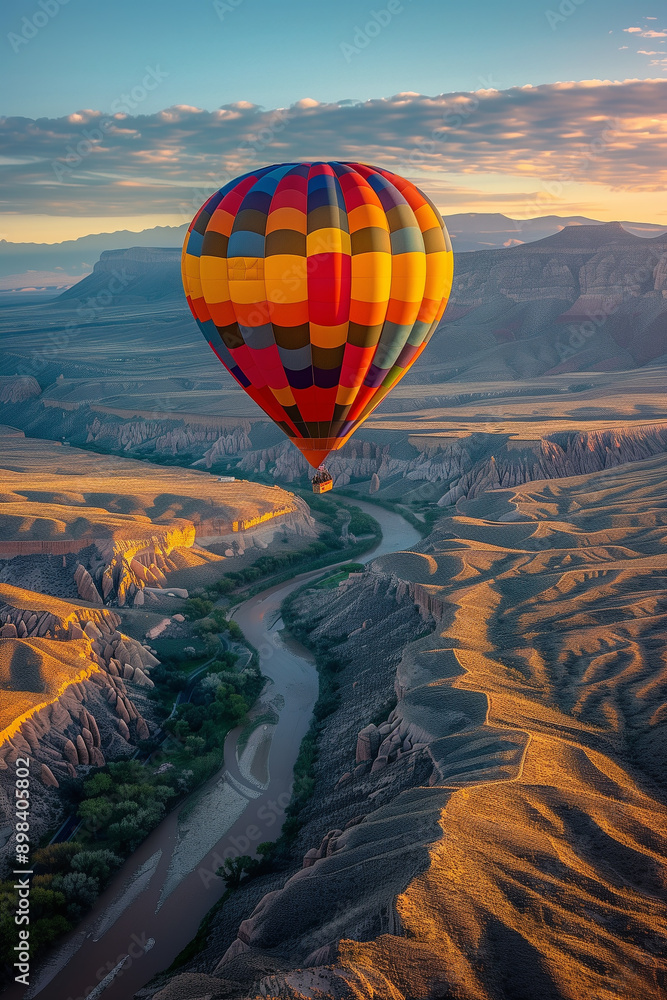 Obraz premium An awe-inspiring view of a single brightly colored hot air balloon ascending into the clear turquoise Albuquerque sky set against a stunning desert landscape at sunrise