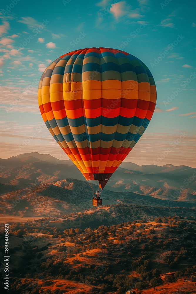An awe-inspiring view of a single brightly colored hot air balloon ascending into the clear turquoise Albuquerque sky set against a stunning desert landscape at sunrise An awe-inspiring view of a single brightly colored hot air balloon ascending into the clear turquoise Albuquerque sky set against a stunning desert landscape at sunrise