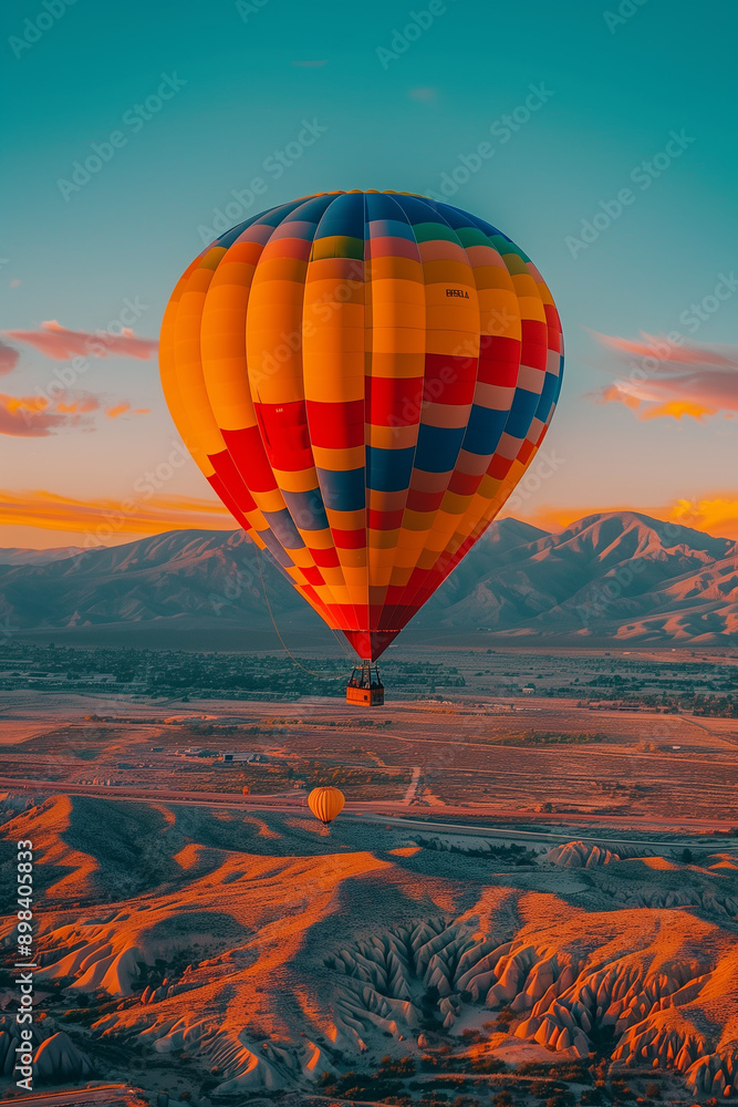 An awe-inspiring view of a single brightly colored hot air balloon ascending into the clear turquoise Albuquerque sky set against a stunning desert landscape at sunrise An awe-inspiring view of a single brightly colored hot air balloon ascending into the clear turquoise Albuquerque sky set against a stunning desert landscape at sunrise