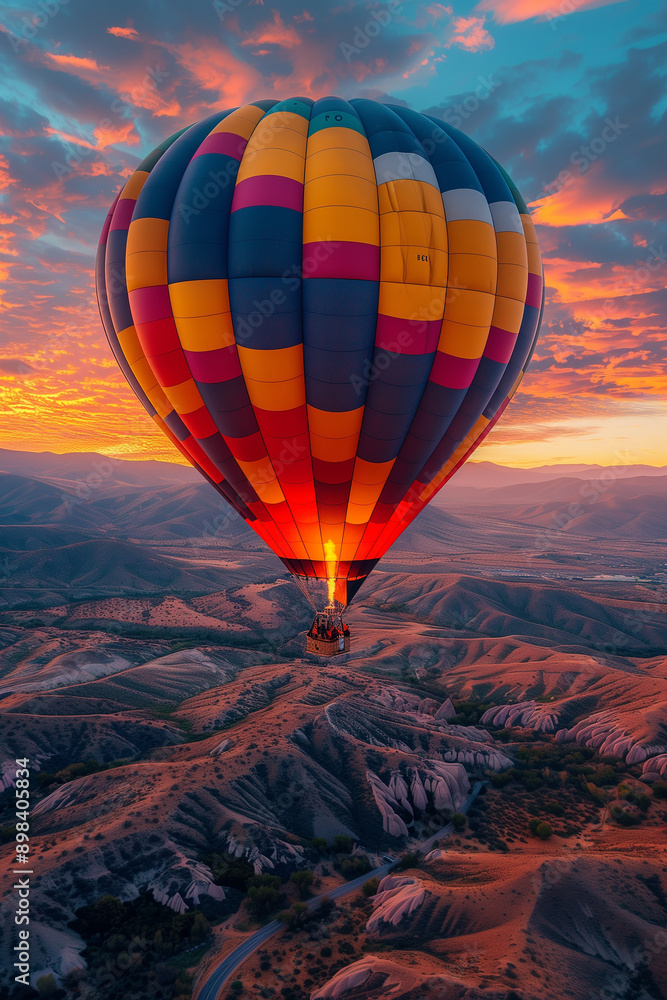An awe-inspiring view of a single brightly colored hot air balloon ascending into the clear turquoise Albuquerque sky set against a stunning desert landscape at sunrise An awe-inspiring view of a single brightly colored hot air balloon ascending into the clear turquoise Albuquerque sky set against a stunning desert landscape at sunrise