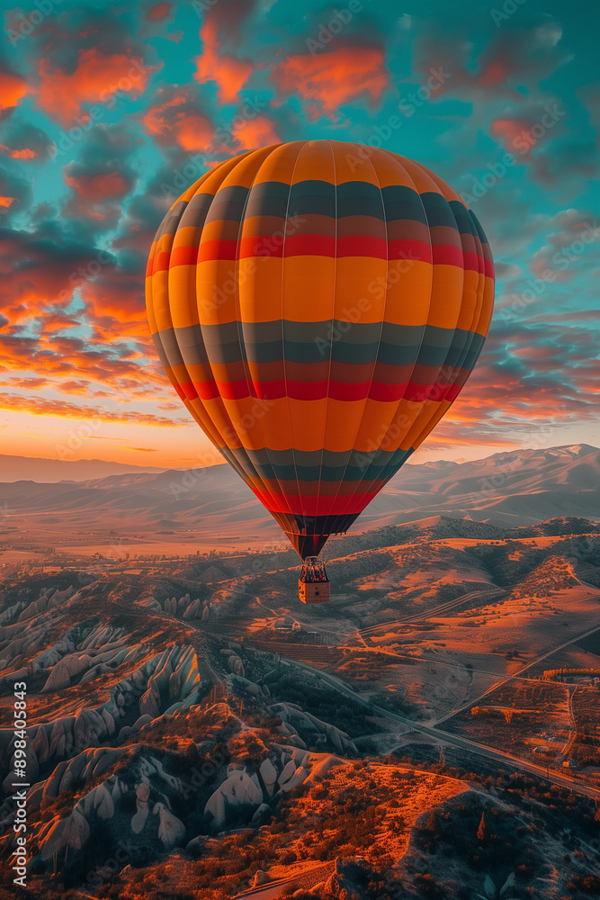 Obraz premium An awe-inspiring view of a single brightly colored hot air balloon ascending into the clear turquoise Albuquerque sky set against a stunning desert landscape at sunrise