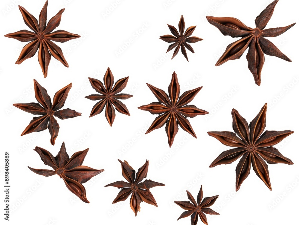 A collection of whole star anise, used in cooking to add sweetness and licorice flavor. Whole spices are often preferred for their distinct taste and aroma. A collection of whole star anise, used in cooking to add sweetness and licorice flavor. Whole spices are often preferred for their distinct taste and aroma.