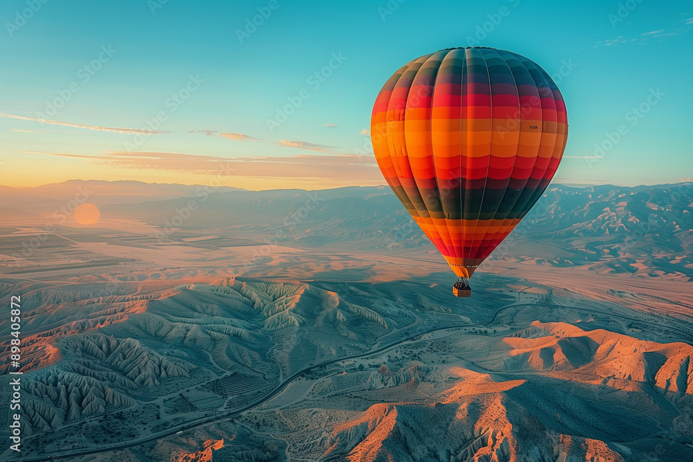 Obraz premium An awe-inspiring view of a single brightly colored hot air balloon ascending into the clear turquoise Albuquerque sky set against a stunning desert landscape at sunrise