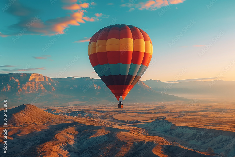 Obraz premium An awe-inspiring view of a single brightly colored hot air balloon ascending into the clear turquoise Albuquerque sky set against a stunning desert landscape at sunrise