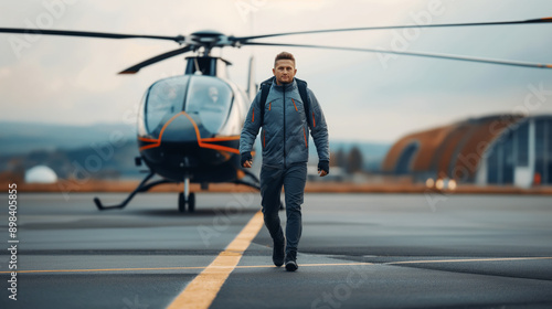 Wallpaper Mural A man with a backpack walks away from a parked helicopter on an airfield with hangars in the background and a cloudy sky. Torontodigital.ca