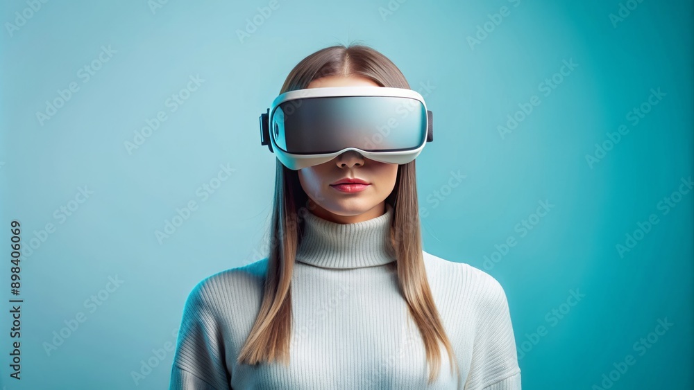 portrait of a young woman wearing futuristic VR AR glasses on a light blue background with copy space portrait of a young woman wearing futuristic VR AR glasses on a light blue background with copy space