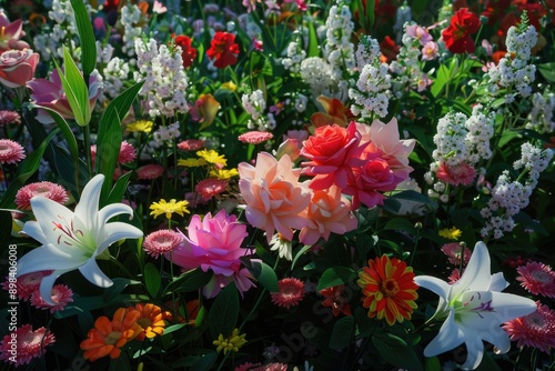 Wallpaper Mural A vivid garden scene with lilies and other colorful flowers blooming in the sunlight. Torontodigital.ca