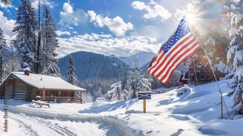 Wallpaper Mural Sunny day at the snowy mountain cabin with the american flag flying in the wind Torontodigital.ca