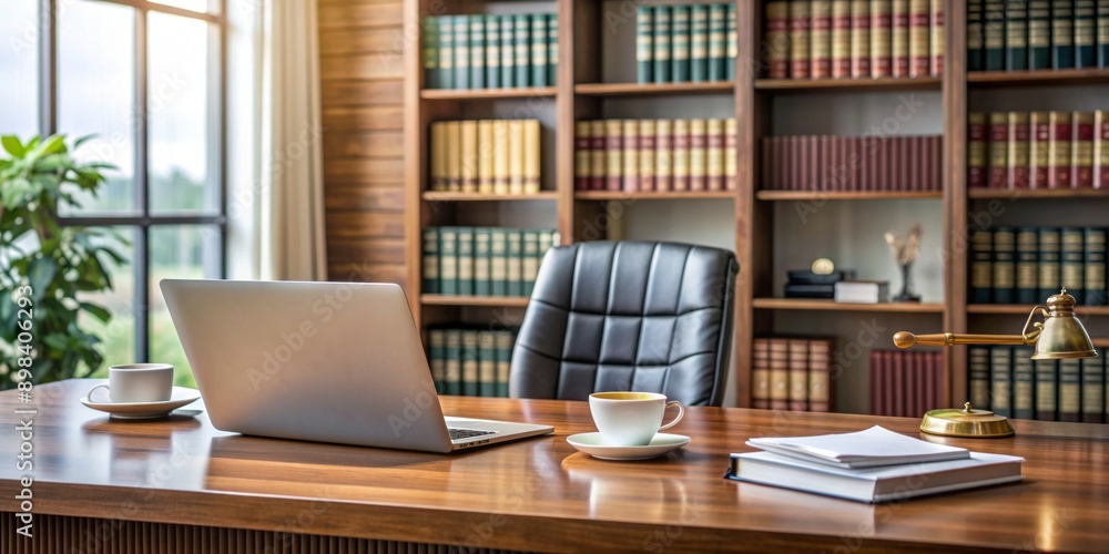 A tidy desk in a modern law firm with an open laptop showing a document, papers, and a cup of coffee, surrounded by law books and folders. A tidy desk in a modern law firm with an open laptop showing a document, papers, and a cup of coffee, surrounded by law books and folders.
