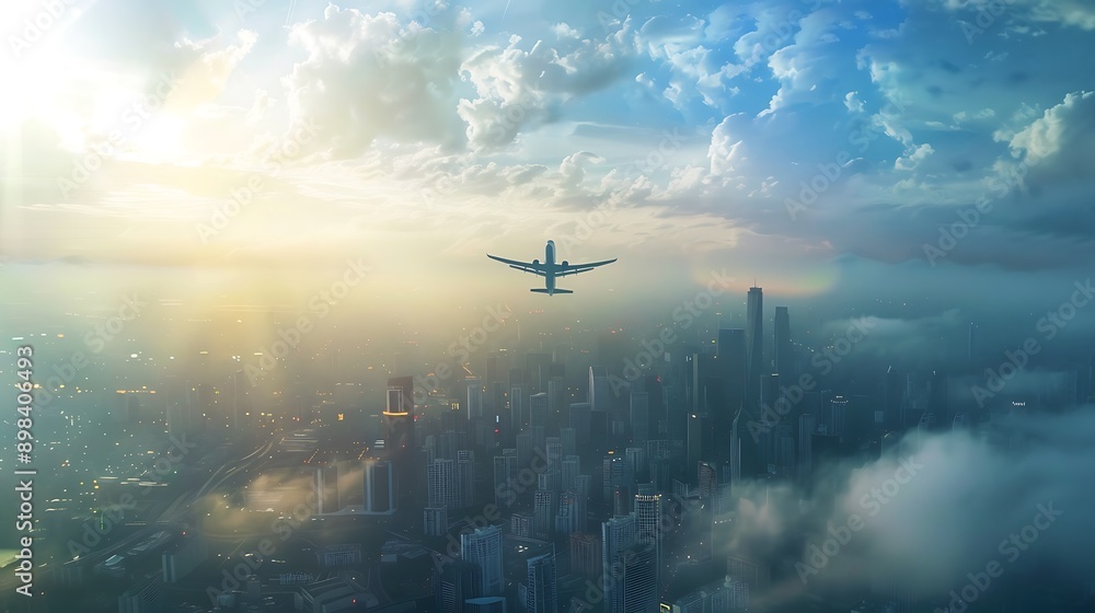Airplane Flying Over Cityscape for Airplane travel flight Concept. AI generated Airplane Flying Over Cityscape for Airplane travel flight Concept. AI generated