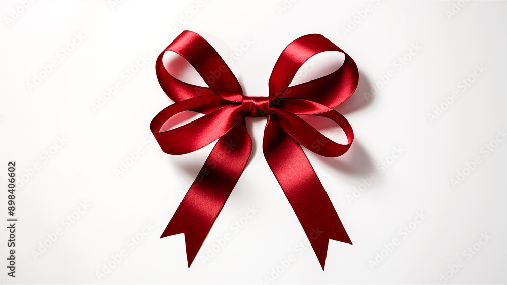 A single, perfectly tied red satin ribbon bow rests on a plain white background. A single, perfectly tied red satin ribbon bow rests on a plain white background.