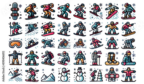 Illustration of Snowboarders in Various Poses and Styles