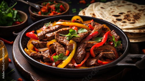 Beef Fajitas with colorful peppers in a pan