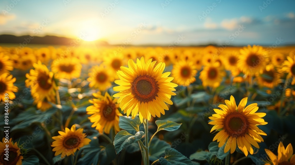 Fototapeta premium Stunning sunflower field blooming at sunset, with vibrant yellow petals glowing in the warm light
