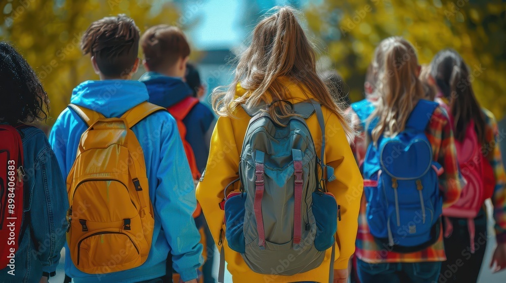 diverse group of junior high students walking together towards school viewed from behind conveying a sense of unity friendship and the start of a new academic journey diverse group of junior high students walking together towards school viewed from behind conveying a sense of unity friendship and the start of a new academic journey