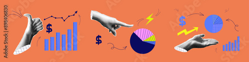 Halftone collage with hand chart. Growth finance business and marketing. Bright concept with halftone hand. Vector contemporary illustration