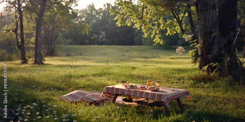 Obraz premium A cozy outdoor picnic in a grassy field, with a wooden picnic table set under the shade of trees.